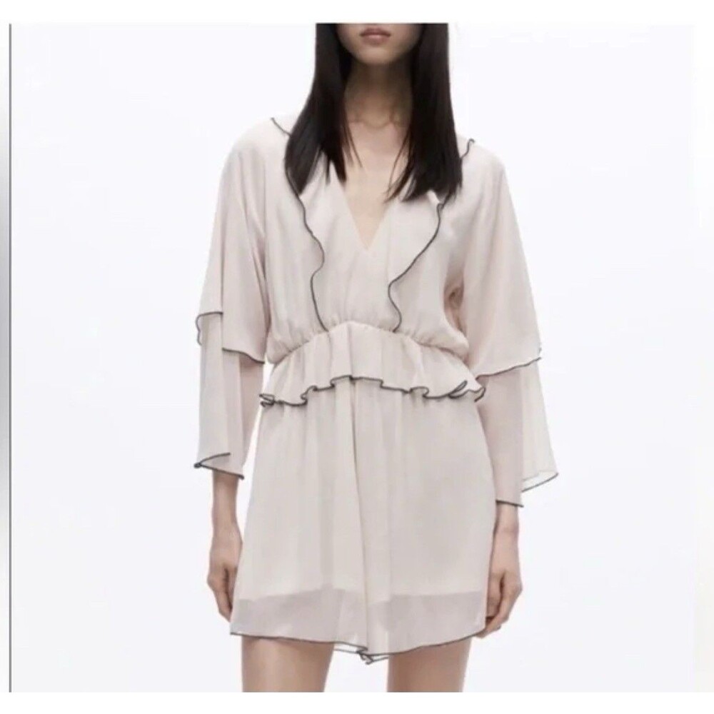 Zara Ruffled Romper V-Neck Shorts Jumpsuit Womens Medium Cream w/Black Trim